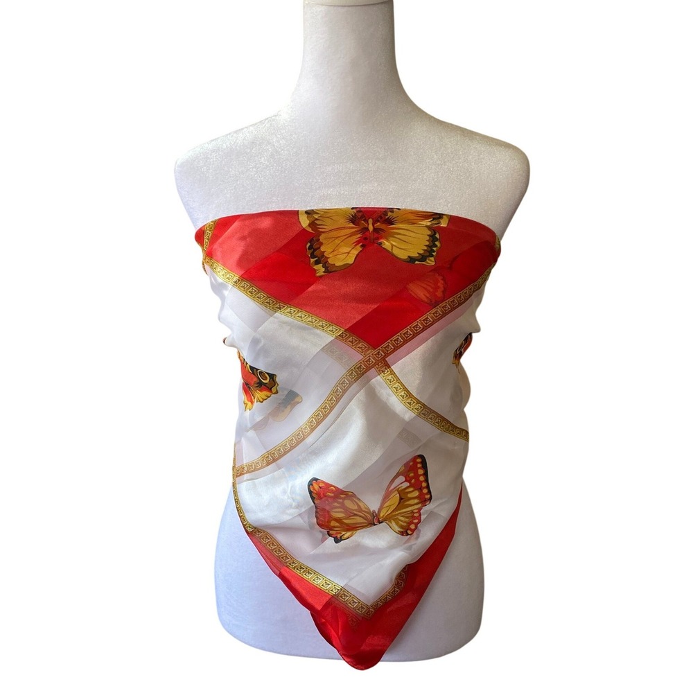 Vintage‎ Silky Butterfly Patchwork Pashmina Layering Scarf Red Boho Grandmacore
